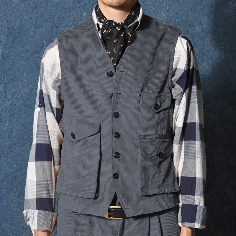 

Harajuku Mens Single Breasted Pockets Cargo Sleeveless Jacket Short Gilet Vintage Corduroy Waistcoat Outerwear Tops Male Vests