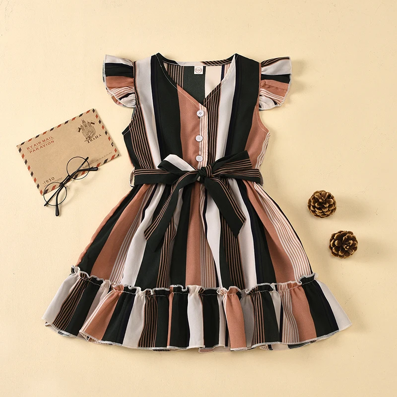 

Модные платья в полоску для девочек, новинка 2021, летняя одежда для девочек, одежда без рукавов для малышей, платье с бантом и поясом для девоч...