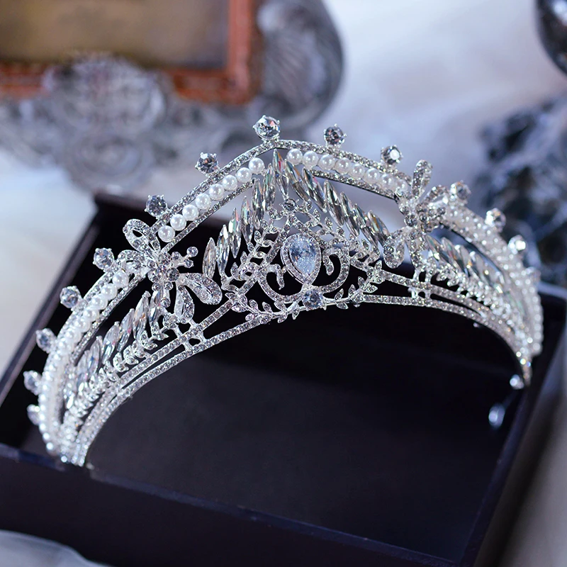 

European Oversize Diadem Queen Bride Headbands Pearls Bridal Crowns Tiara Wedding Hair Accessories