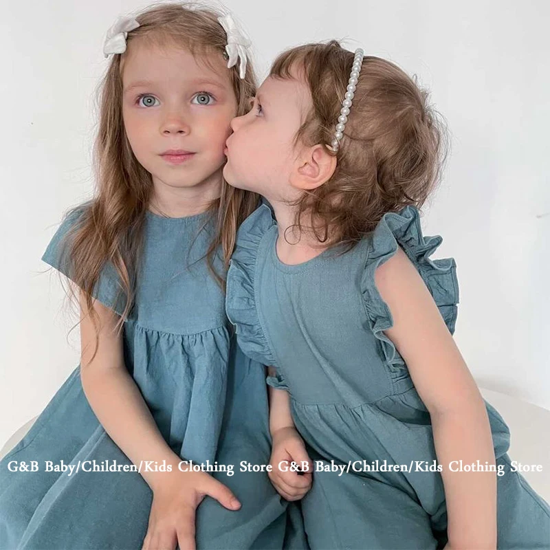 

Linens Pure Color Flying Sleeve Summer Baby Girl Clothes Light Children Dress 2021 0-6 Years Kids Girls European Style Clothing
