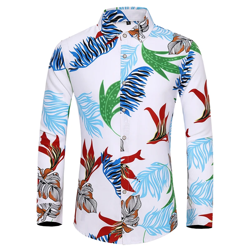 Hawaiian Shirts for Men Plus Size Men's Dress Flower Print Shirt green leaves pattern Long Sleeve Shirts Male man Tops Camisa