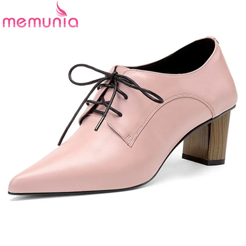 

MEMUNIA Top Quality Genuine Leather Shoes Women Pumps Pointed Toe Lace Up Fashion Classic High Heels Single Shoes Woman Pink