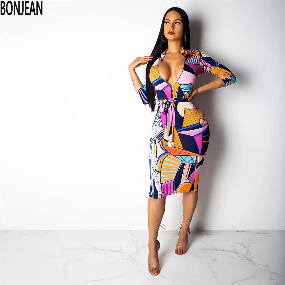 2019 European and American women's plaid multi-color printed dress nightclub with belt | Женская одежда