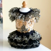 free shipping handmade dog dress pet clothes classic black lace partysu gold flowers cute cat holiday party tutu yorkie poodle