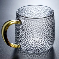 hammer eye style glass breakfast water cup handle design gold line cappuccino coffee cup colorful transparent crystal tea set