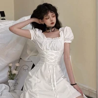 white gothic dress harajuku ghost horse dresses vintage square collar bandage bow puff sleeve womens dresses for new year 2022