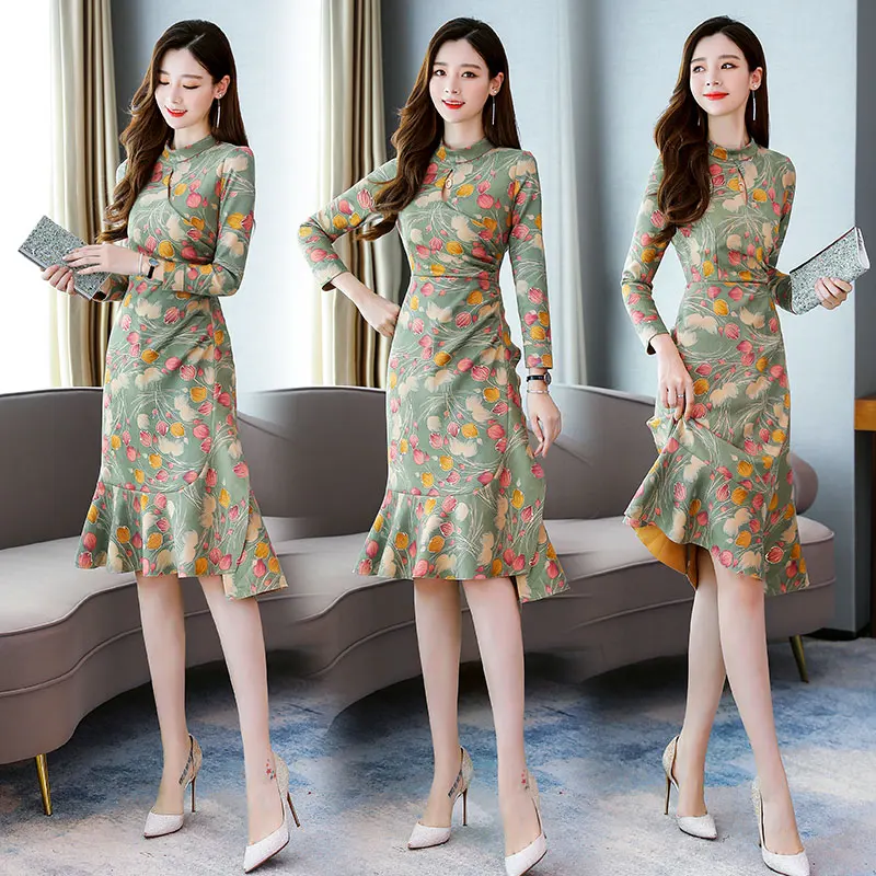 Замшевое платье с длинным рукавом и цветочным принтом вечерние платья трапеции