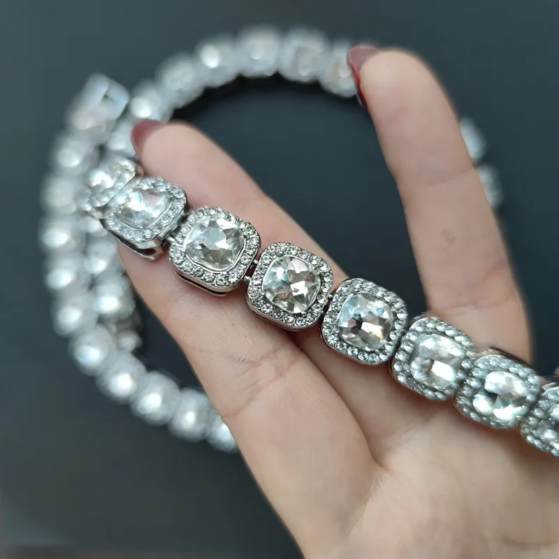 

Luxury Hip Hop Men Necklace Bracelet Ring Combo Set 12mm Iced Out Bling Square Tennis Chain Silver Color Jewelry Sets Iced Out