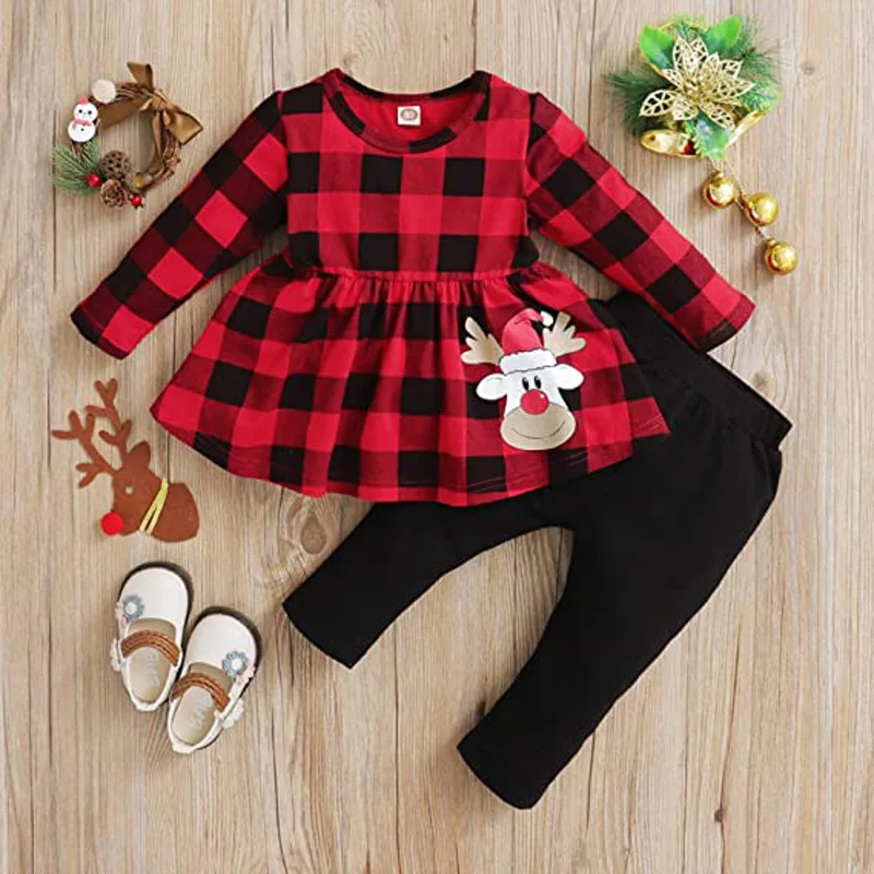 

2pcs Kids Girls Christmas Clothing Sets Elk Grid Top Dress Pants Suit Clothes for Xmas Children Girl