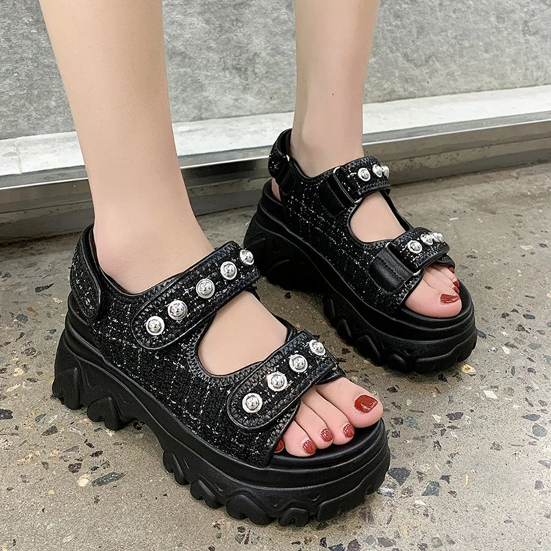 

Rimocy 2021 Summer Women Chunky Platform Sandals Metal Decoration Wedges High Heels Sandalias Mujer Thick Bottom Gladiator Shoes