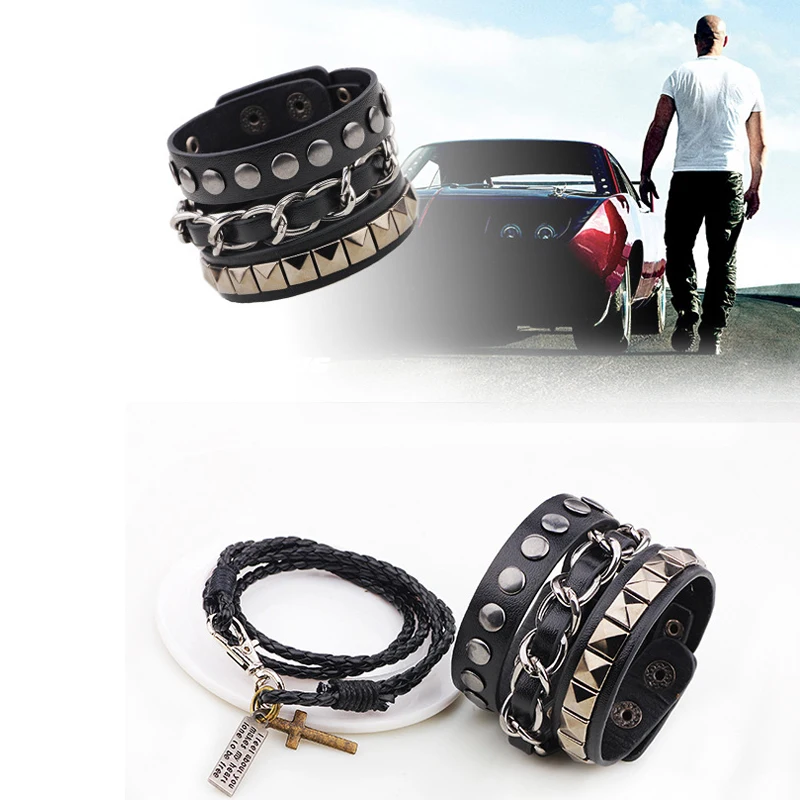 Мужской плетеный браслет WBL черный из натуральной кожи с заклепками в стиле хиппи