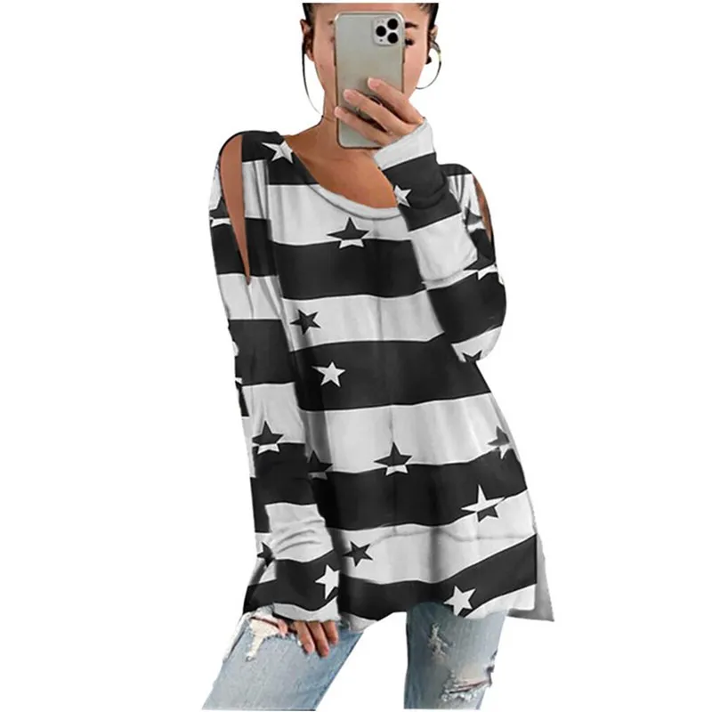 

2020 autumn and winter new fashion European and American women's striped star print strapless slit long sleeve round neckT-shirt