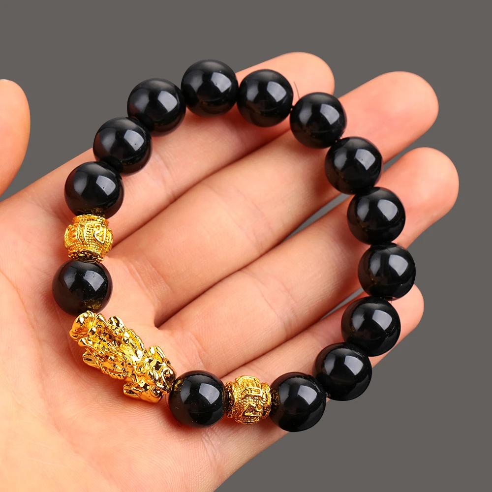 Модный браслет приносящий удачу черный Pi Xiu Feng Shui обсидиан из бисера привлекающий