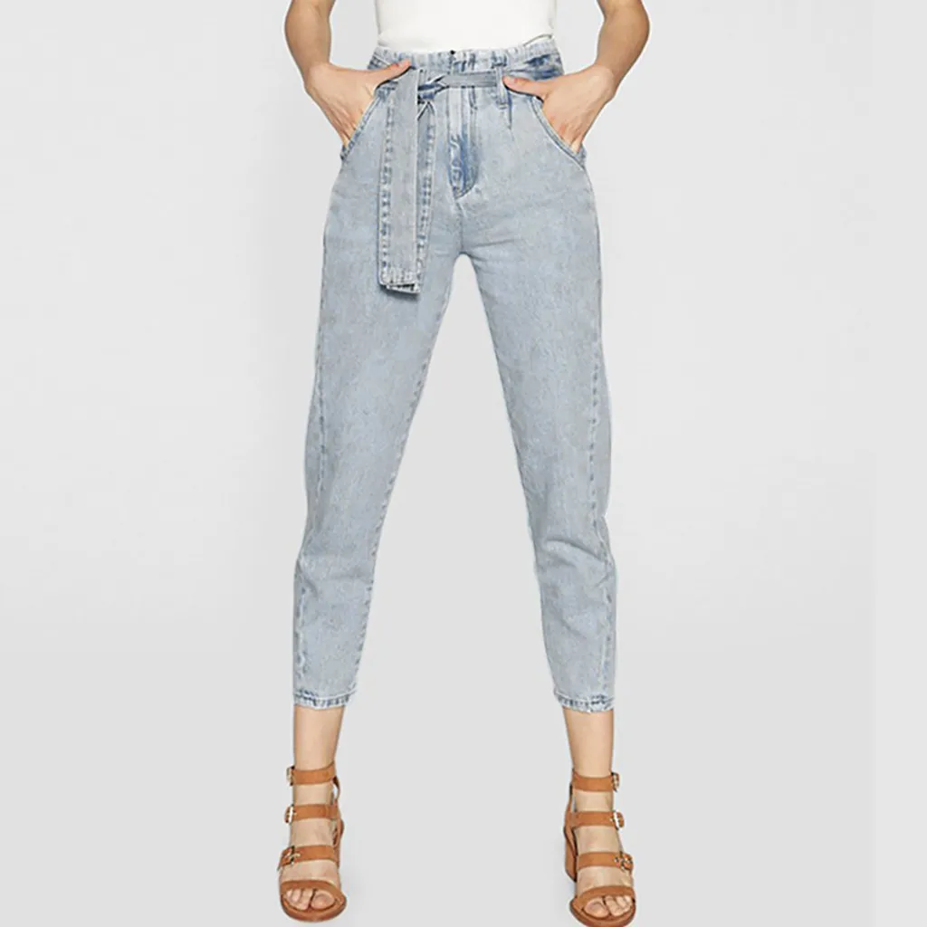 Женские потертые джинсы с карманами SAGACE повседневные однотонные брюки высокой