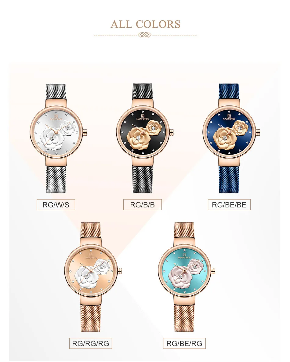 NAVIFORCE Women Watch Top Brand Luxury Black Rose Gold Ladies Wristwatch Mesh Stainless Steel Bracelet Flower Female Clock 5013 | Наручные