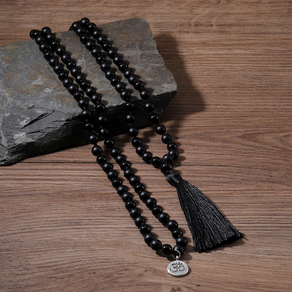 

8mm Black Onyx Beaded 108 Mala Knotted Necklace Meditation Yoga Semi-Precious Stone Tassel Charm Japamala Jewelry