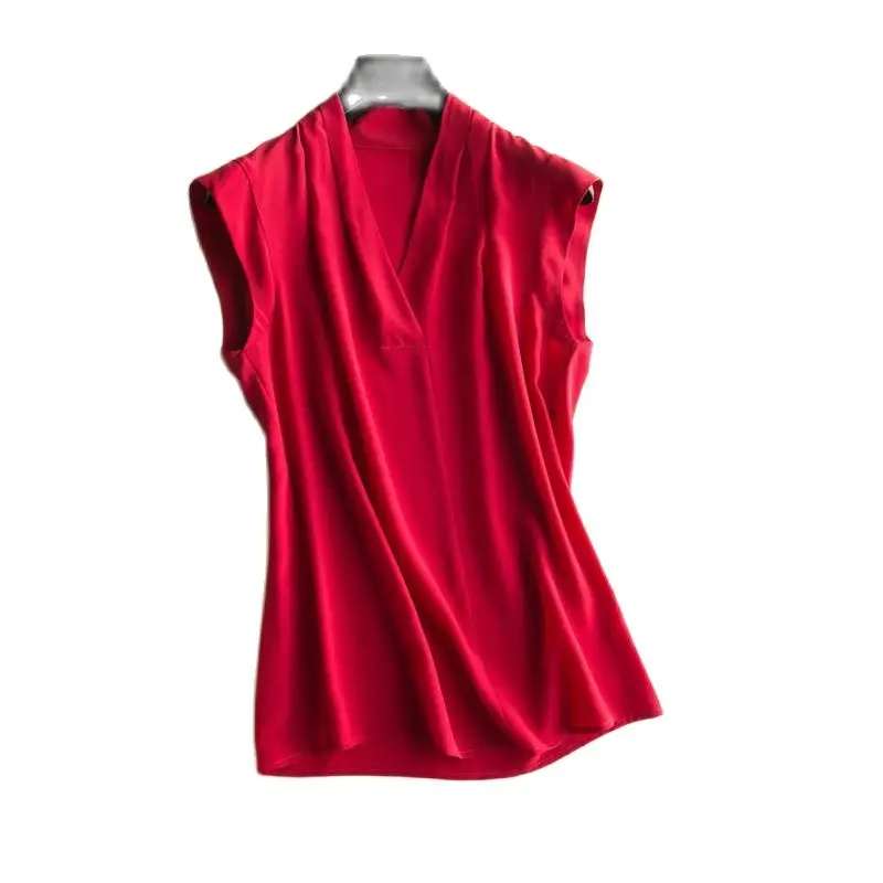 Женская Весенняя рубашка из 100% шелка с v образным вырезом без рукавов летняя