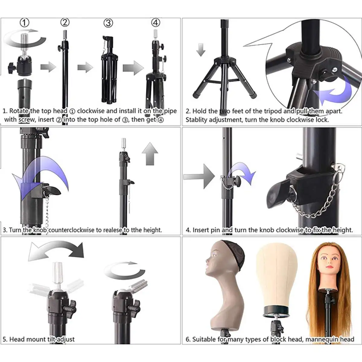 

156cm Adjustable Wig Stand Tripod Stand Hair Wig Head Mannequin Head Training Holder Hairdressing Clamp Hair Holder Salon Tools