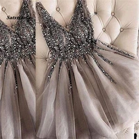 sparkle crystal beaded short cocktail dresses gray homecoming dress double v neck sexy shiny mini prom gowns abiye vestidos