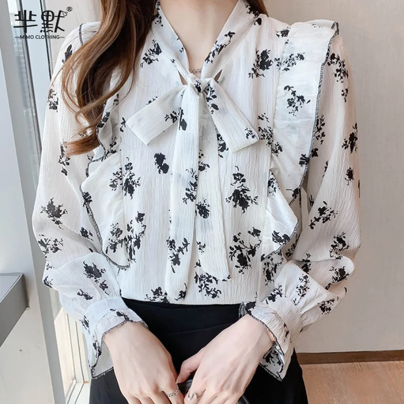 

Шифоновая Женская Осенняя одежда с цветочным рисунком, новинка 2021, женский летний топ с длинным рукавом и бантом на раннюю осень