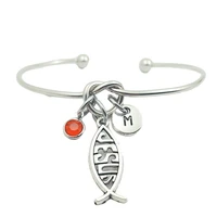 jesus fish retro creative initial letter monogram birthstone adjustable bracelet fashion jewelry women gift pendant