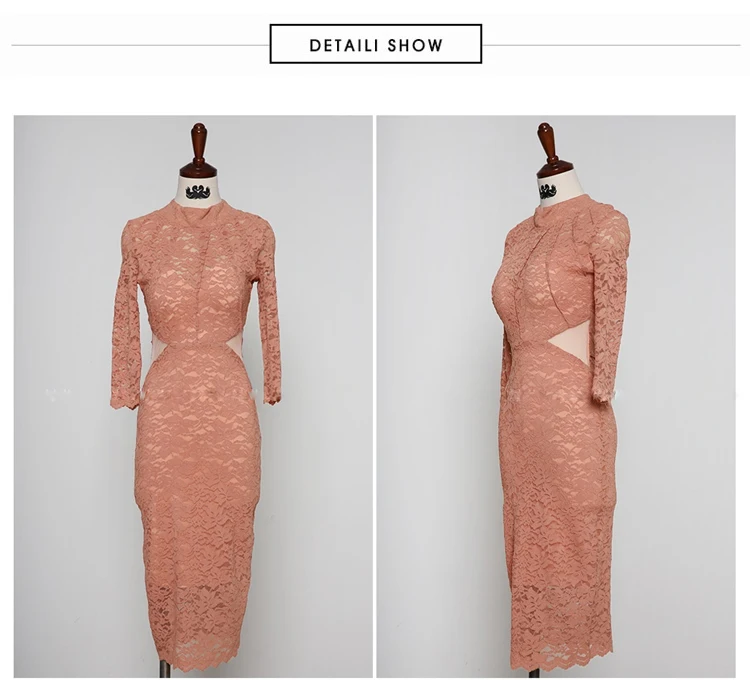 

New Summer Chic Elegant Women Korean Stand Collar Sexy hollow out Vintage Vestidos Lace Long Sleeve High Waist Sheath Dresses