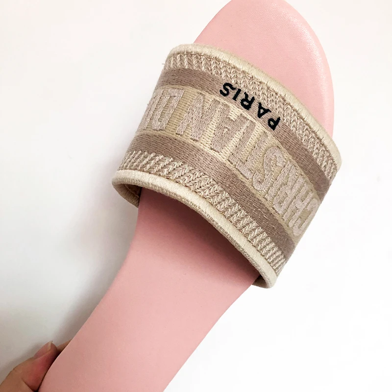 

Summer Slippers Womens Outer Wear Embroidered Letters Flats Bottom Flip Flops Sandals Vacation Cotton Beach Slides