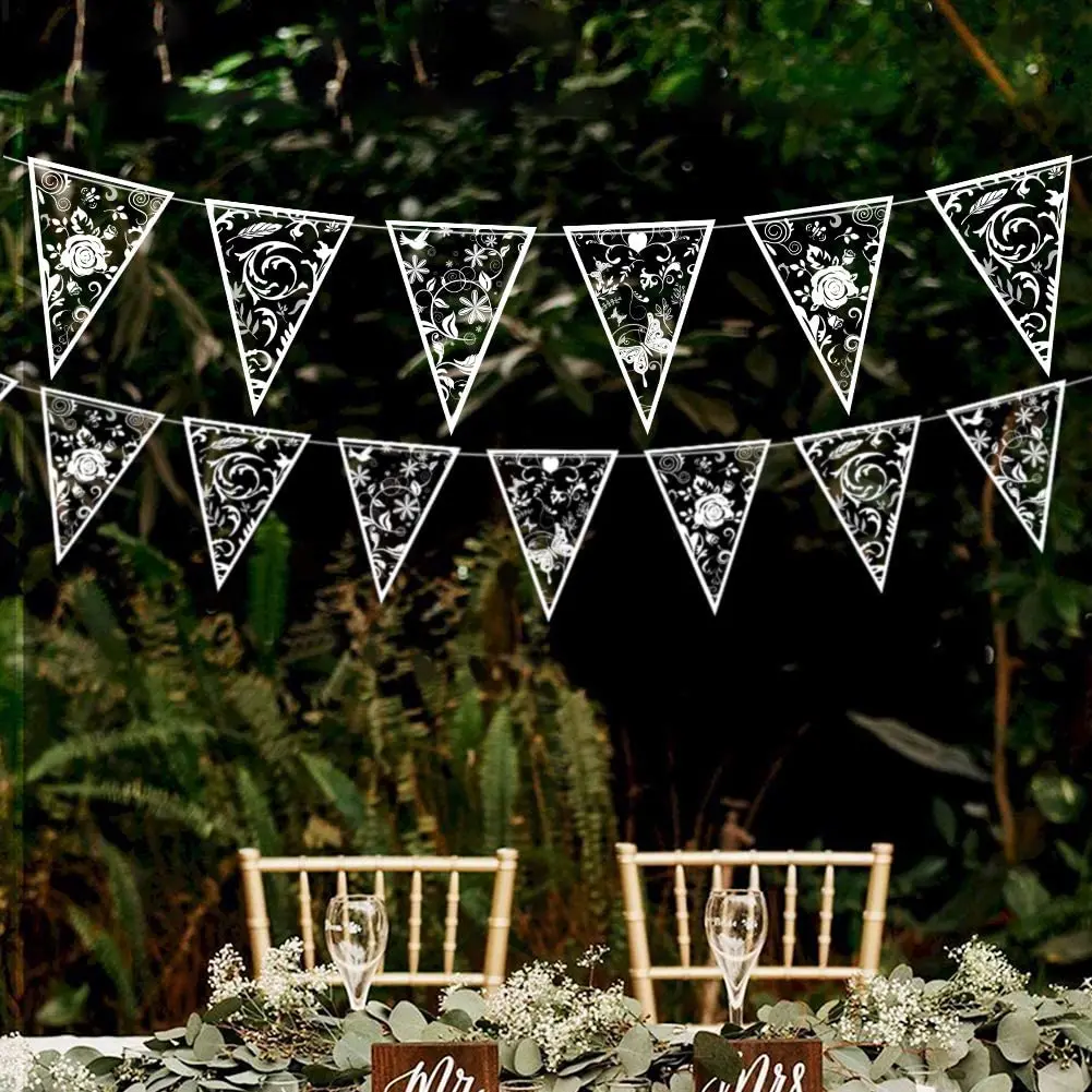 

Wedding Transparent PVC White Triangle Garlands Flag Butterfly Printed for Wedding Banner Bridal Baby Shower Hanging Decorations