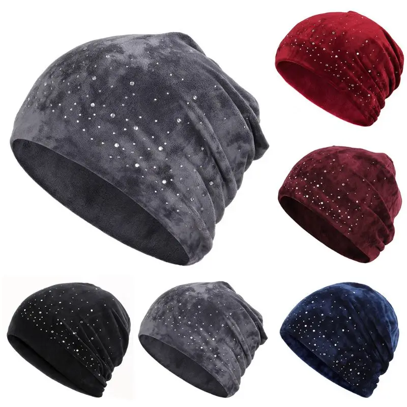 Женские зимние бархатные шапки Skullies мягкие теплые блестящие с жемчугом стразы