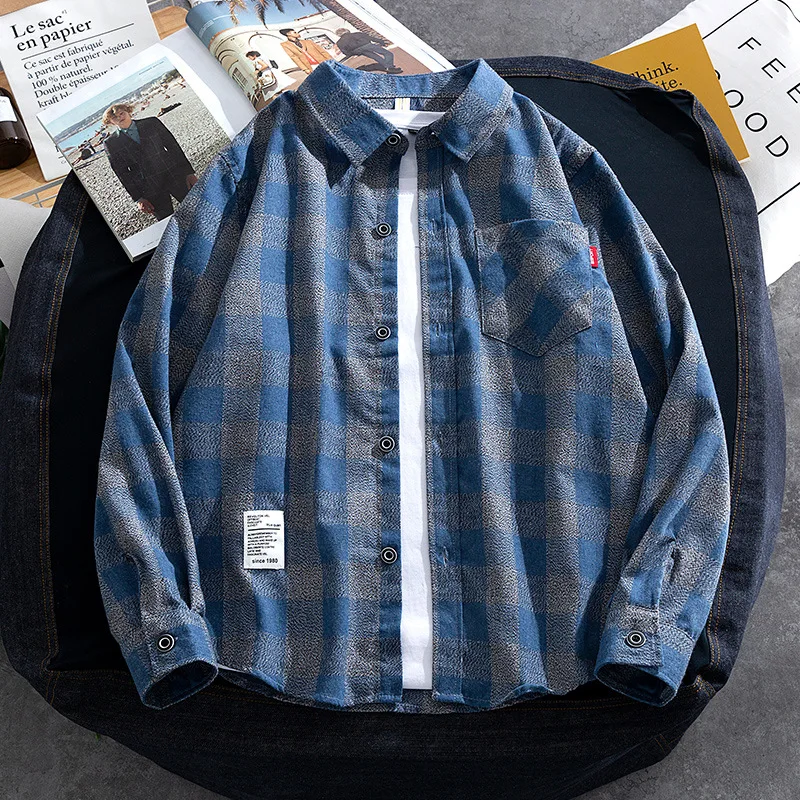 

season men's long sleeve shirt grid man single leisure plaid shirt pocket restoring ancient ways of cultivate morality