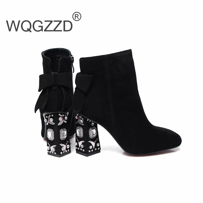 Роскошные Брендовые ботильоны женская зимняя обувь из коровьей замши челси на