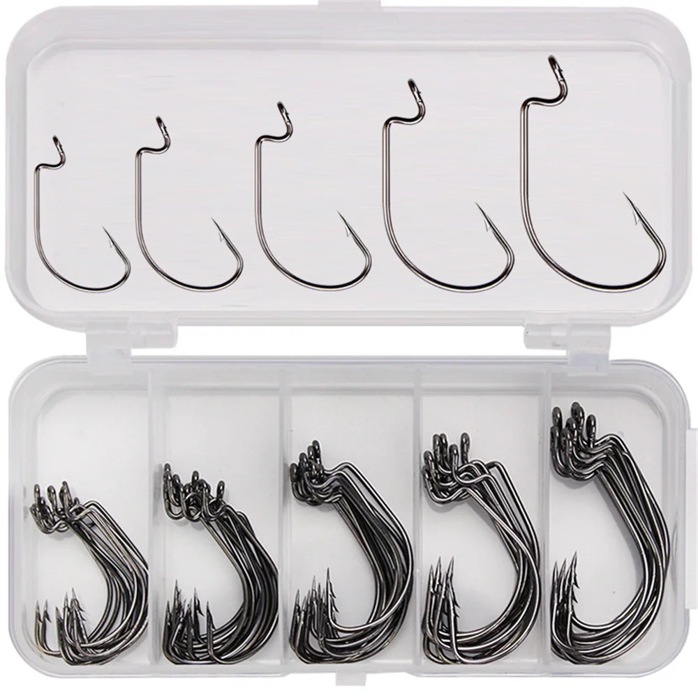 

50Pcs/Box Sea Soft Worm Hooks Fishing Box Black Red Offset Hook 2#-3/0# Carp Snap Fishing Big Hooks Tackles Accessories Fishhook