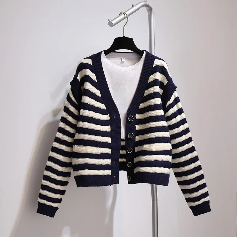

Короткий полосатый вязаный женский свитер Кардиган Осень новинка 2021 v-образный вырез с длинным рукавом Повседневная Универсальная женская ...