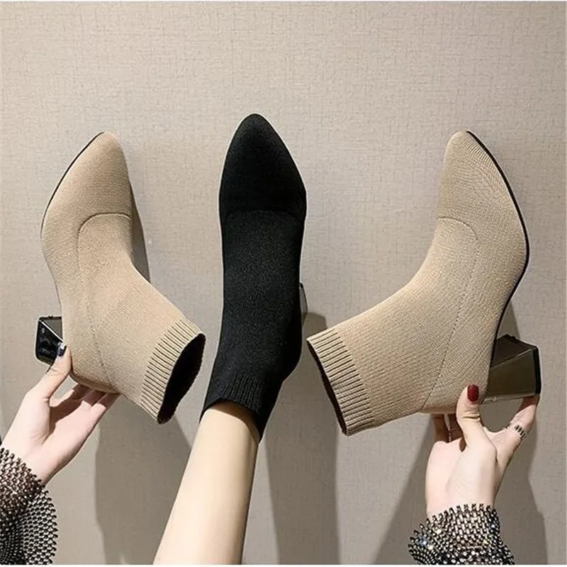 

Женские ботинки-чулки на высоком каблуке, черные вязаные эластичные ботинки до щиколотки, размеры 34-43, для осени и зимы, 2021