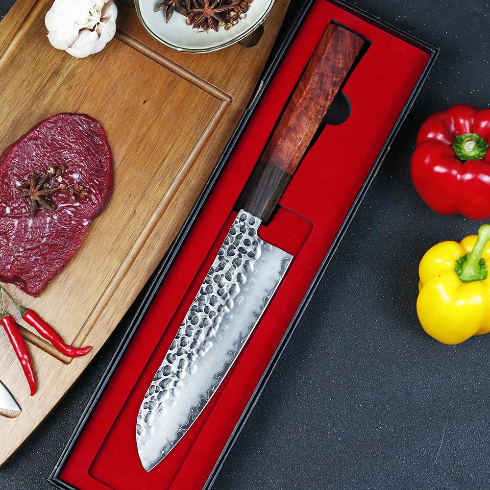 

New 7-inch Hand-Forged Kitchen Knife Three Layers 8Cr14MoV Steel Core Chef Knife Professional Cooking Tool EDC Santoku Knife