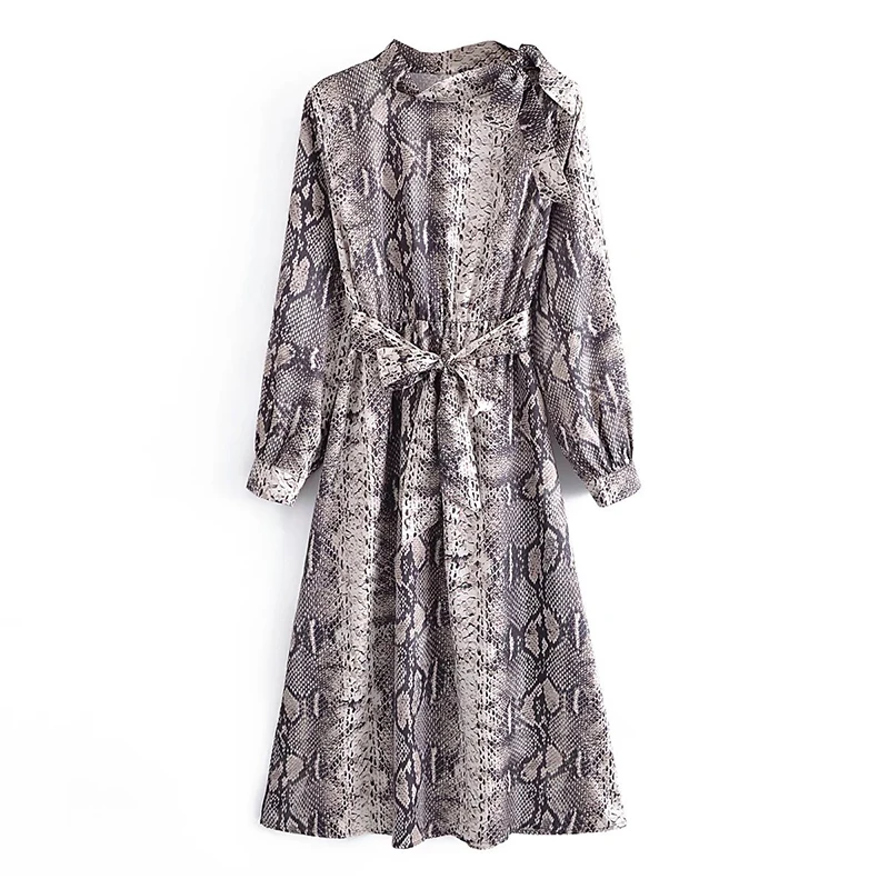 

YENKYE Spring Autumn Women Vintage Snake Print Dress Sweet Bow Collar Long Sleeve With Belt Elegant Ladies Dress A-line Vestido