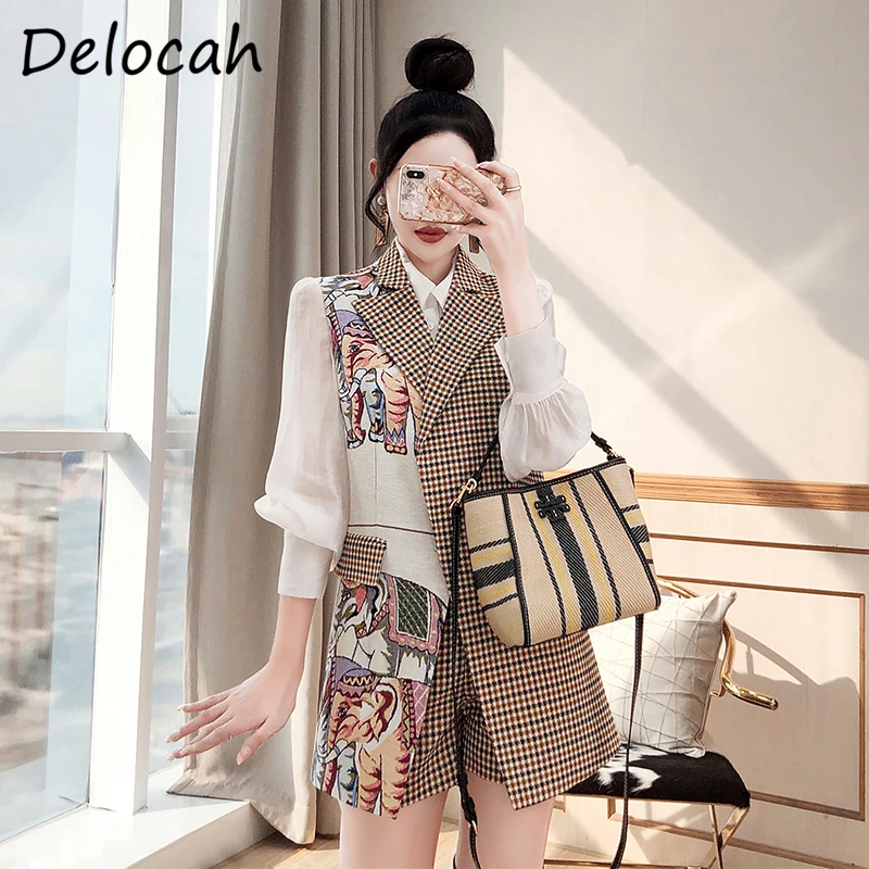 Фото Delocah New 2021 Autumn Women Fashion Runway Shorts Set Sleeveless Vintage Print Vest+High Waist Plaid 2 Two Pieces Suits Delocah New 2021 Autumn Women Fashion Runway Shorts Set Sleeveless Vintage Print Vest+High Waist Plaid 2 Two Pieces Suits