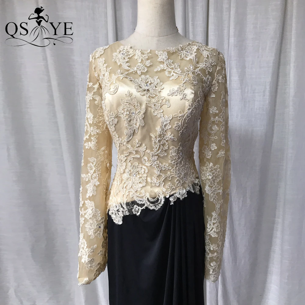

Champagne Evening Dresses Appliques Lace Straight Dress Long Sleeves Prom Dress Women Spandex Black Skirt Dropped Party Gown