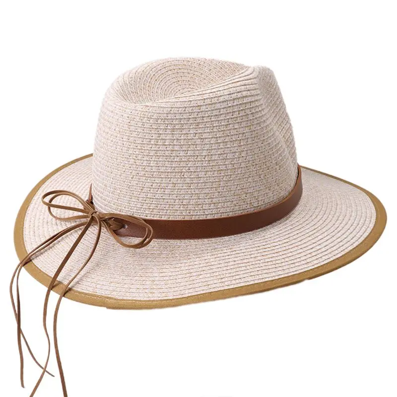 

2020 British Style Women Woven Sun Visor Hat Faux Leather Ribbon Bowknot Contrast Color Wide Brim Cone Fedora Beach Cap