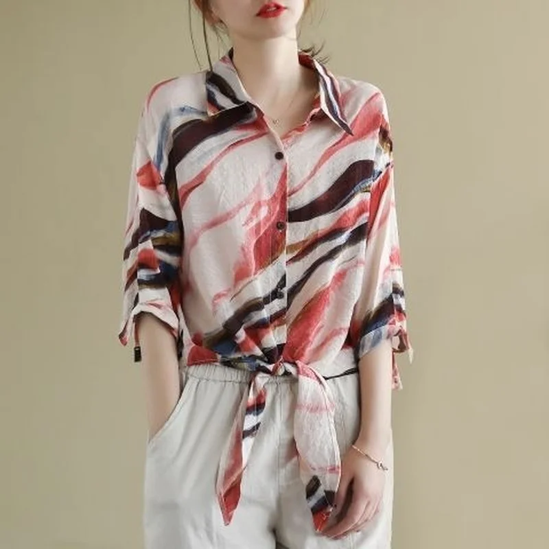 

Retro Harajuku Chic Cotton Shirt Women Blouses Summer Lapel Button Up Shirts Casual Oversized Tops Ladies Loose Half Sleeve Top