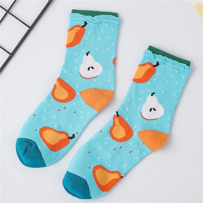 Light Blue Pear Милый комплект для девочек с изображением героев мультфильмов, фруктов, коттоновые носки Веселые orange банан груша арбуз рисунком Земляничная принцесса Лолита носки, подарок на Рождество - Цвет: Light Blue Pear