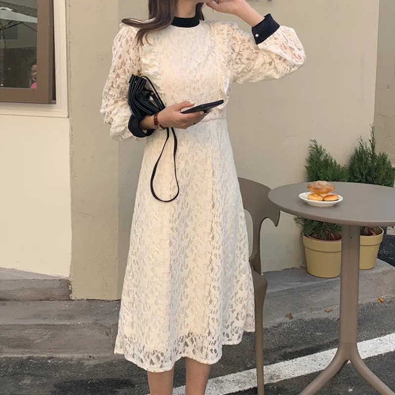 

chic temperament gentle half high collar contrast color ear edge stitching waist heavy industry lace hollowed out dress