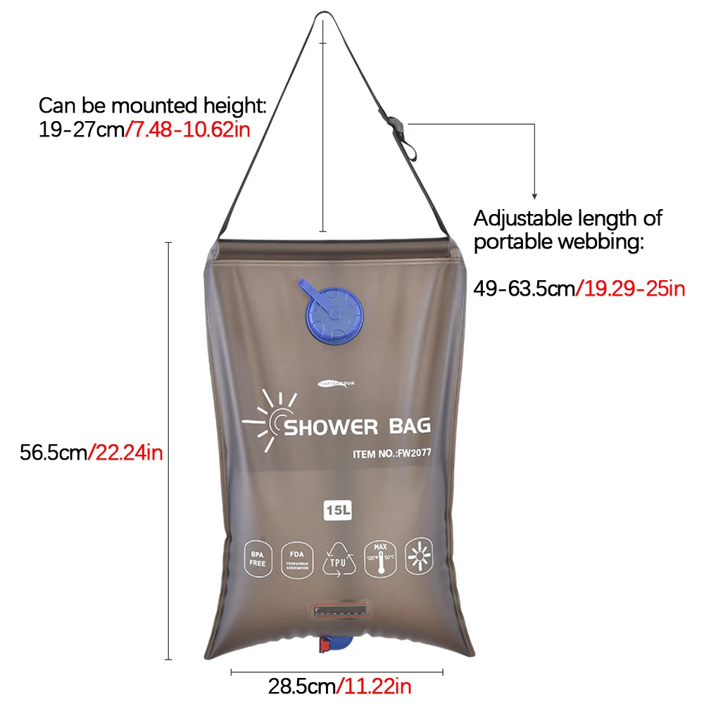 

Комплект душевой из ТПУ на солнечной батарее, уличный складной мешок для душа 15 л со съемным шлангом и насадкой для душа, походный отдых