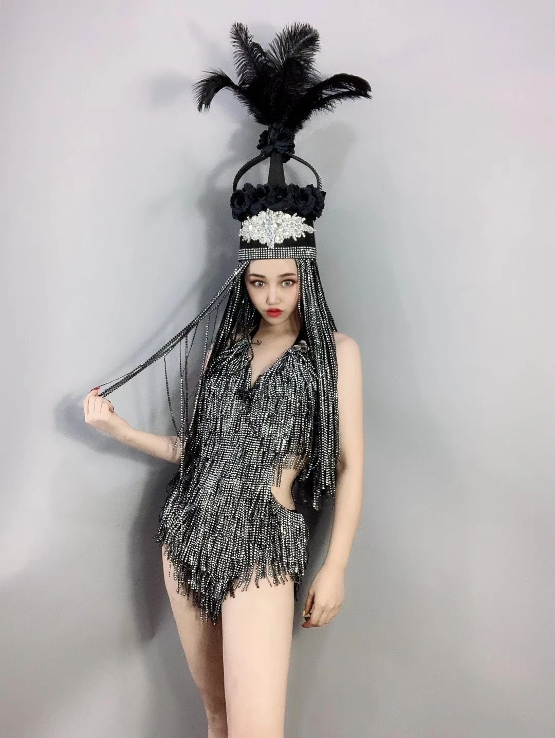Women New Silver Shining Crystal Tassel Backless Bodysuit Black Fringes Bikini Dance Outfit Sexy Bar Nightclub DJ Singer Costume |