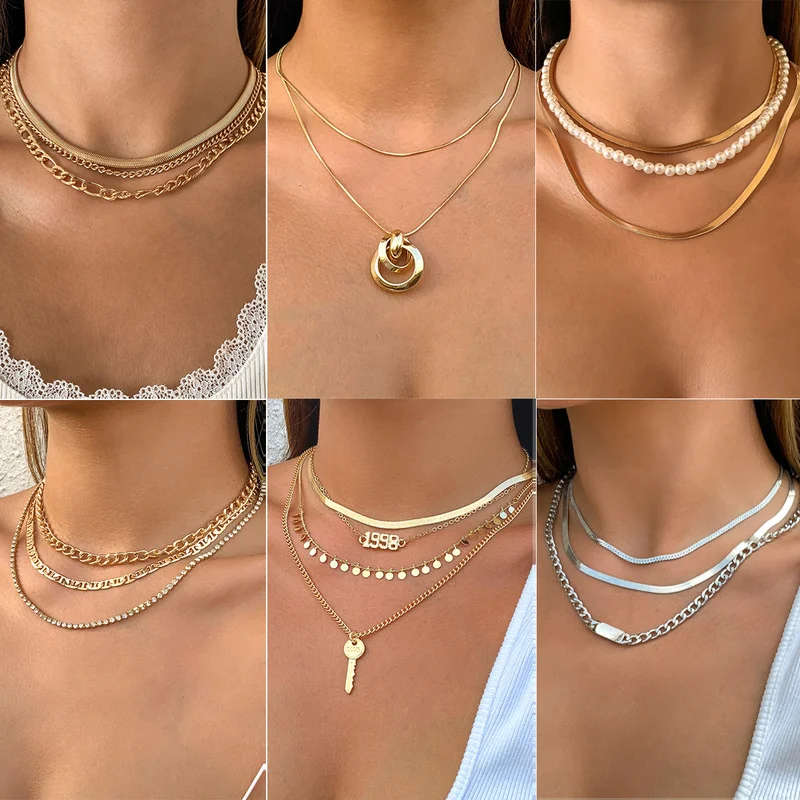 

Minar Punk Multiple Gold Color Snake Chain Necklace for Women Multi Layered Chunky Chain Key Geometric Chokers Necklaces Gift