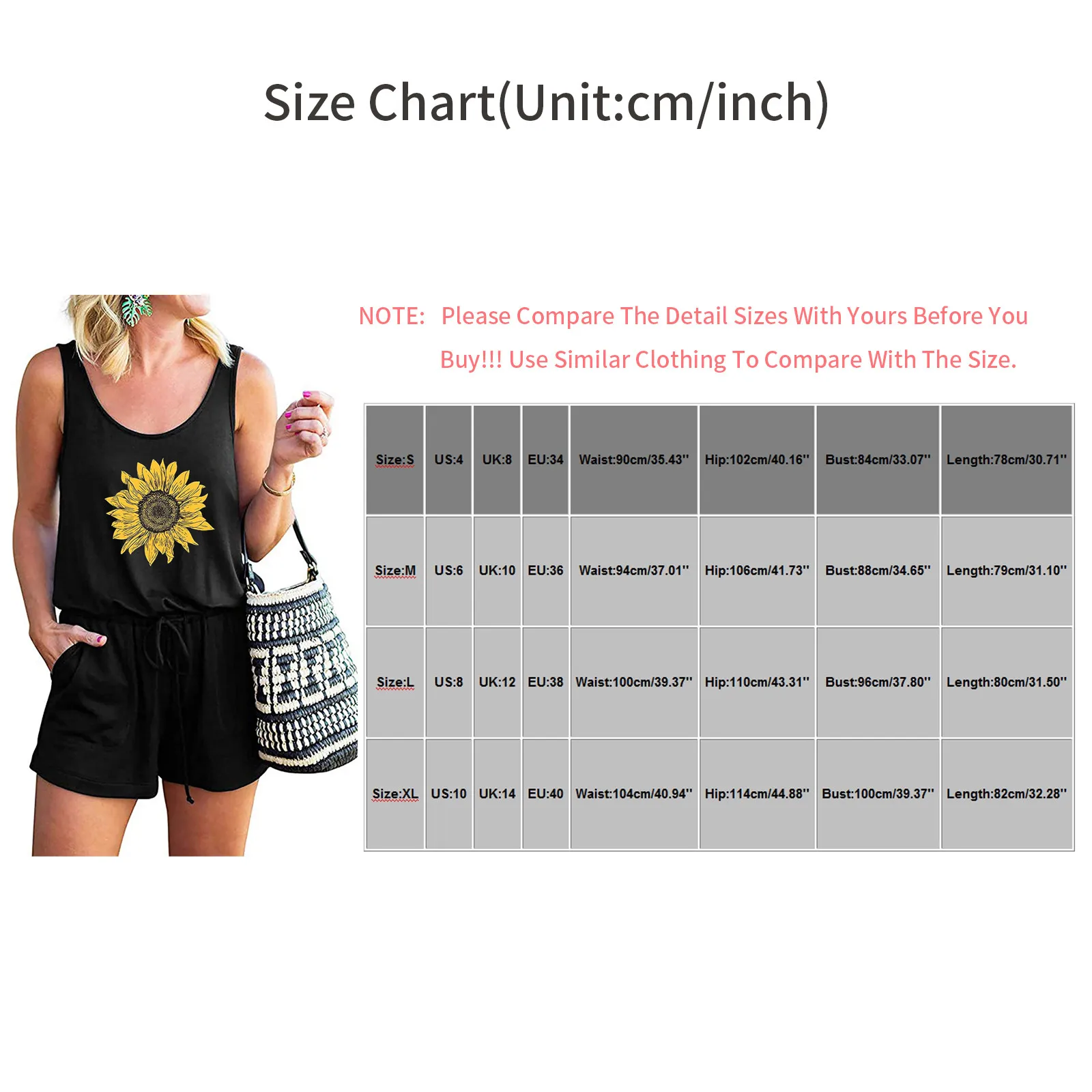 

2021 NEW Women Summer Print Short Jumpsuit Casual Fashion O-Neck Sunflower Print Sleeveless Pocket Belted Jumpsuit