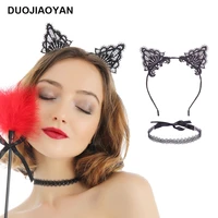 duojiaoyan 2pcsset cat girls hair band lace necklace party sexy accessories female fabric torque cat ears headband set