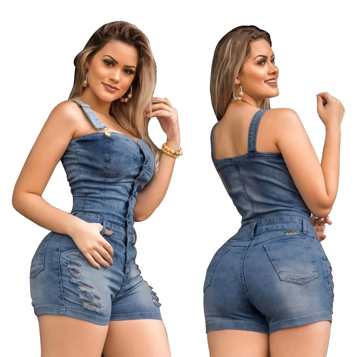 Summer New Products 2021 Ladies Denim Slim Slimming Jumpsuit with Spray White Ripped Hole Jumpsuit Denim Shorts Sexy Slim Fit