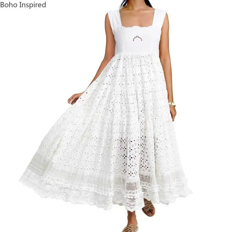 Богемный Вдохновленный Многоуровневое длинное платье Бохо с ушками и вышивкой