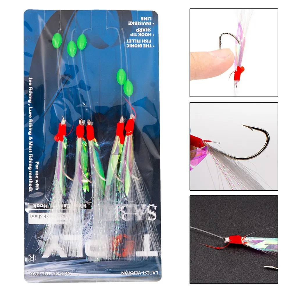 5pcs Sabiki Soft Fishing Lure Rigs Bait Jigs Hooks Feather Baits Herring Bait With 6 3/0# Hooks Deep Sea Fishing Accessory